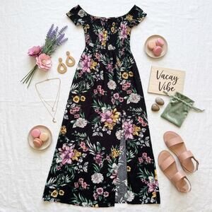 band of gypsies black floral maxi dress Band Of Gypsies Womens Black Floral Off Shoulder Button Slit Maxi Dress  Medium